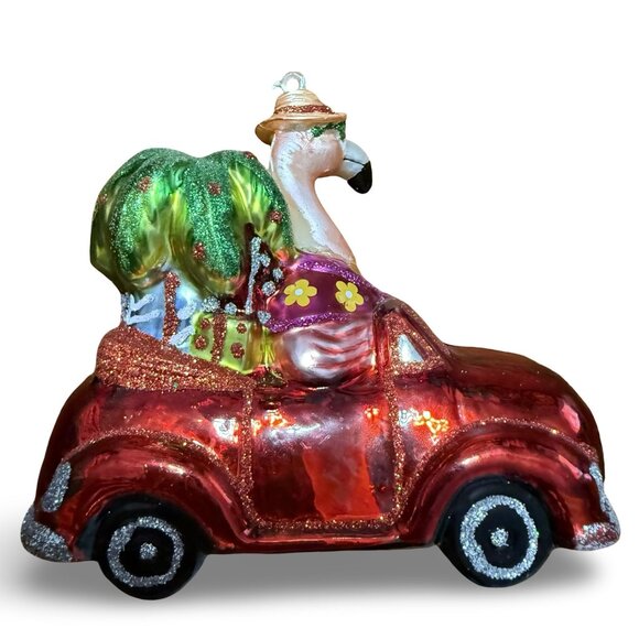 Flamingo In Red Convertible Christmas Ornament Tropical Palm Tree Car Holiday - Picture 4 of 9